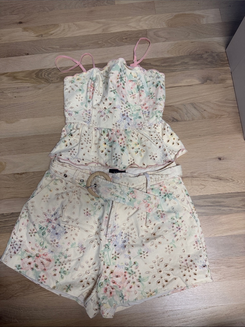 Vici Cream Floral Eyelet Romper Set with Pink Straps